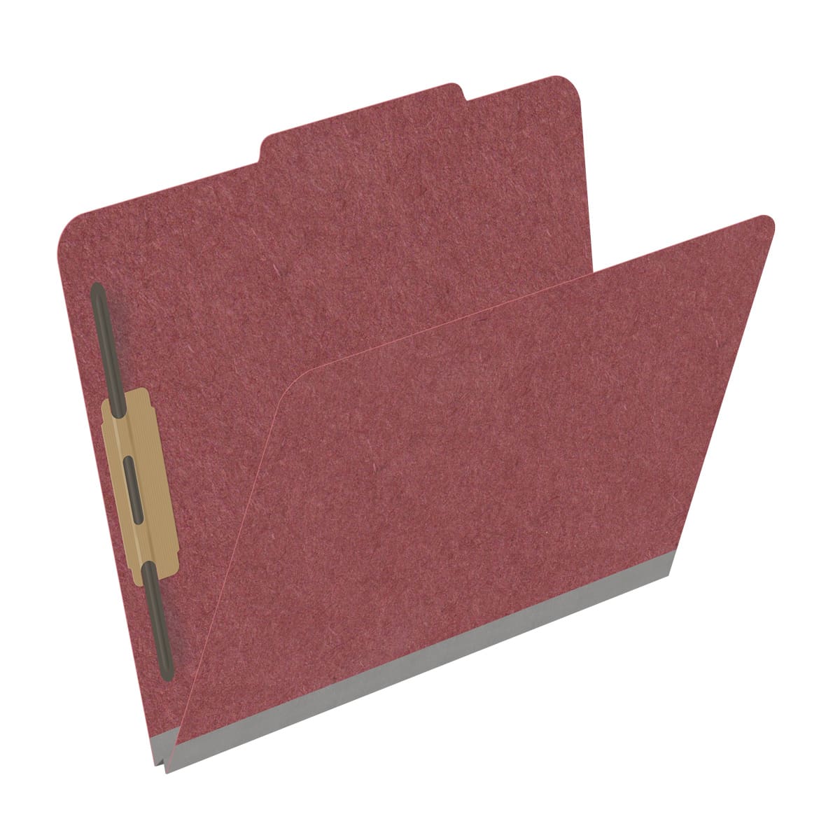Dark red letter size top tab classification folder with 2" russet brown tyvek expansion and 2" bonded fasteners on inside front and inside back. 25 pt type 3 pressboard stock, 25/Box
