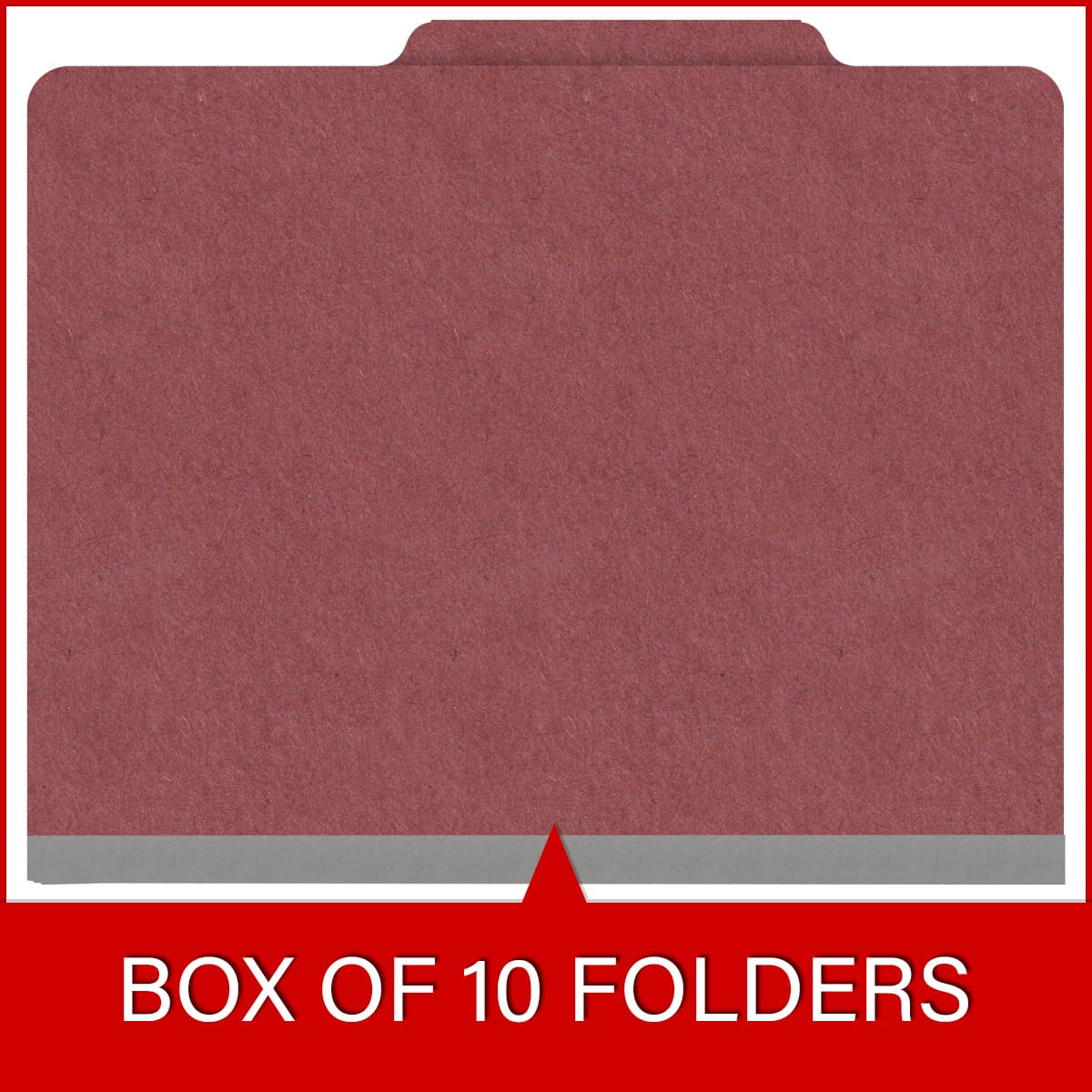 Dark red letter size top tab classification folder with 2" russet brown tyvek expansion and 2" bonded fasteners on inside front and inside back. 25 pt type 3 pressboard stock. Packaged 25/125.