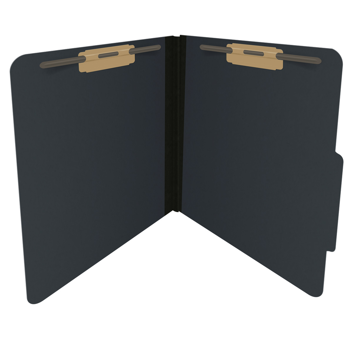 Black letter size top tab classification folder with 2" gray tyvek expansion and 2" bonded fasteners on inside front and inside back. 25 pt type 3 pressboard stock. Packaged 25/125.