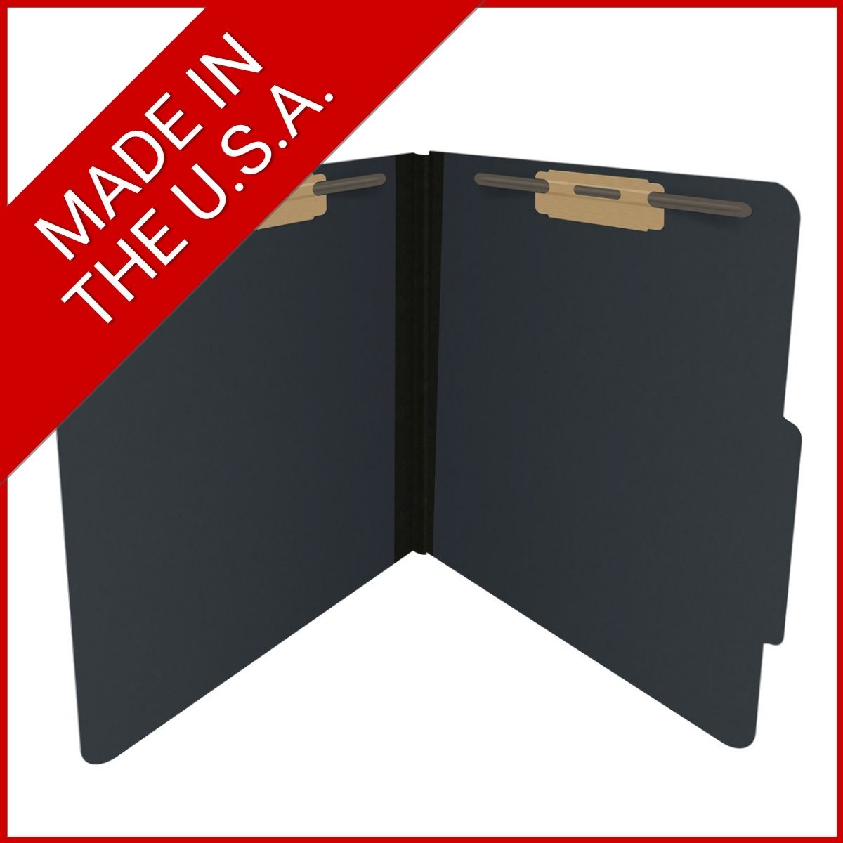 Black letter size top tab classification folder with 2" gray tyvek expansion and 2" bonded fasteners on inside front and inside back. 25 pt type 3 pressboard stock. Packaged 25/125.