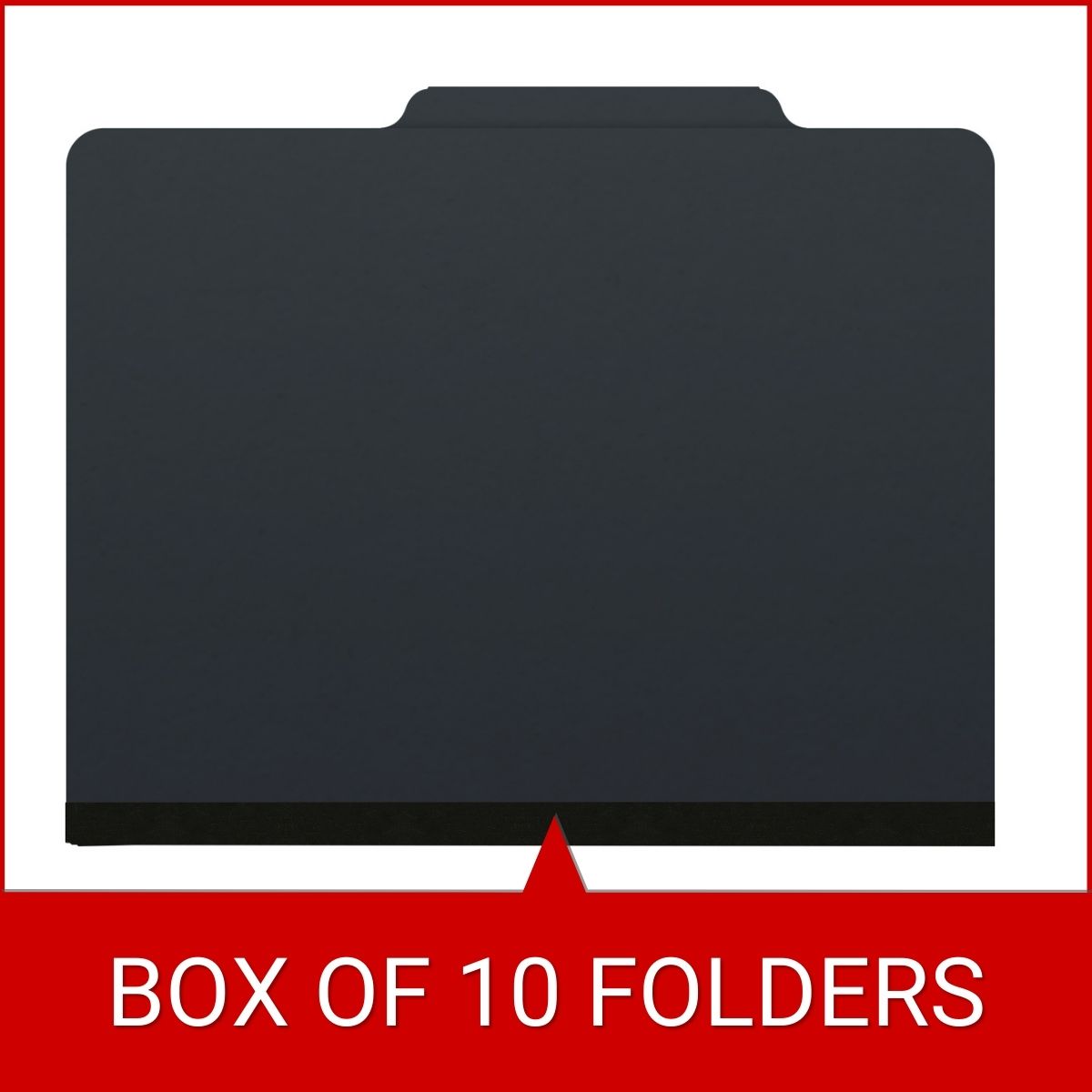 Black letter size top tab classification folder with 2" gray tyvek expansion and 2" bonded fasteners on inside front and inside back. 25 pt type 3 pressboard stock. Packaged 25/125.
