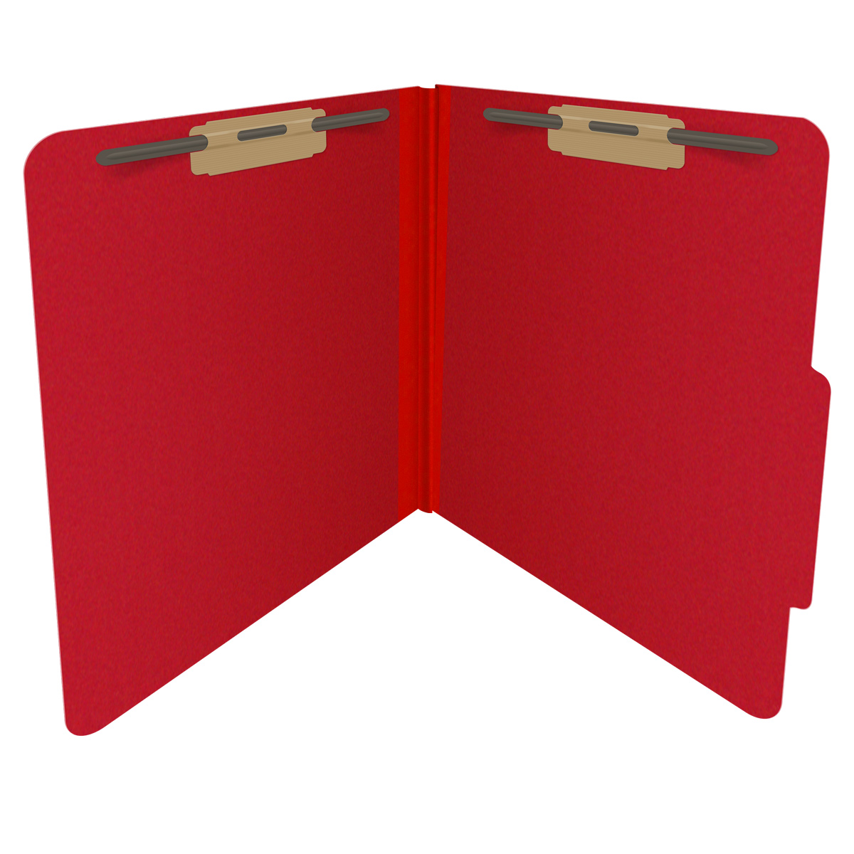 Deep red letter size top tab classification folder with 2" gray tyvek expansion and 2" bonded fasteners on inside front and inside back. 25 pt type 3 pressboard stock. Packaged 25/125