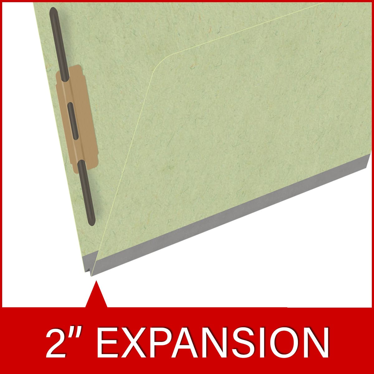 Peridot green letter size top tab classification folder with 2" dark green tyvek expansion and 2" bonded fasteners on inside front and inside back. 25 pt type 3 pressboard stock. Packaged 25/125.