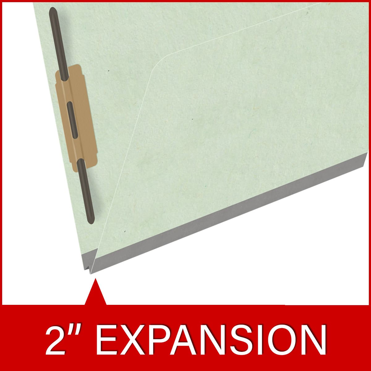 Pale green letter size top tab classification folder with 2" gray tyvek expansion and 2" bonded fasteners on inside front and inside back. 25 pt type 3 pressboard stock. Packaged 25/125.