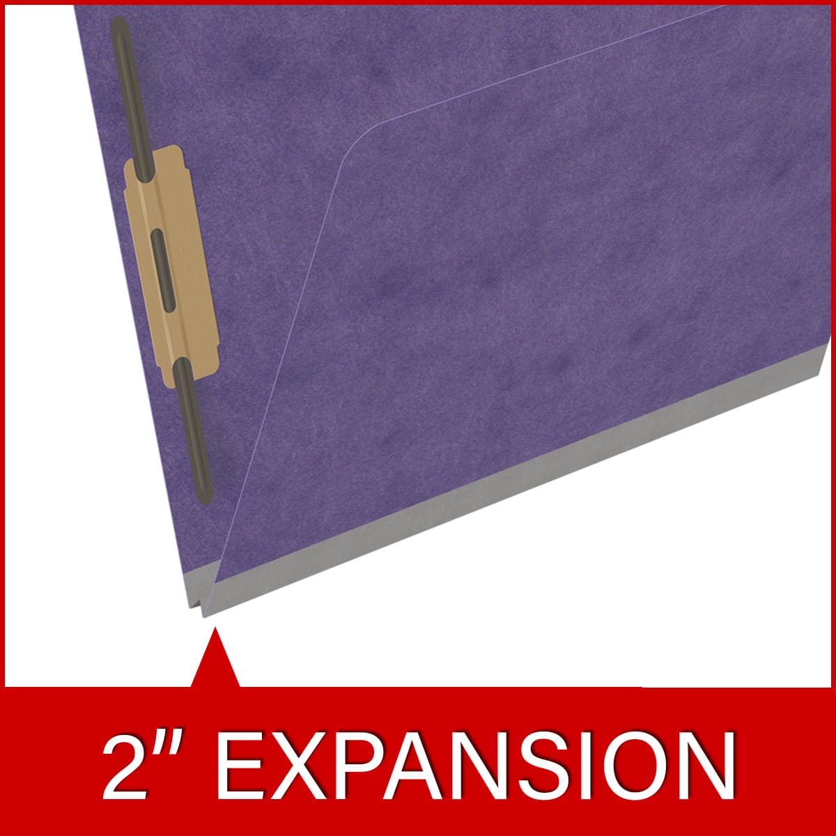 Purple letter size top tab classification folder with 2" gray tyvek expansion and 2" bonded fasteners on inside front and inside back. 25 pt type 3 pressboard stock. Packaged 25/125.