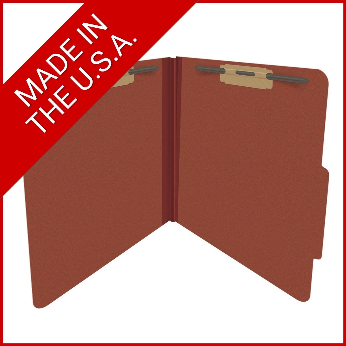 Red letter size top tab classification folder with 2" russet brown tyvek expansion and 2" bonded fasteners on inside front and inside back. 25 pt type 3 pressboard stock. Packaged 25/125.