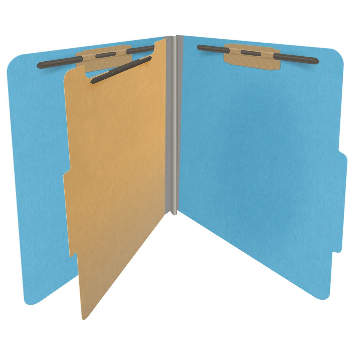 Blue letter size top tab classification folder with 2" gray tyvek expansion, with 2" bonded fasteners on inside front and inside back and 1" duo fastener on divider. 18 pt. paper stock and 17 pt brown kraft dividers. Packaged 10/50.