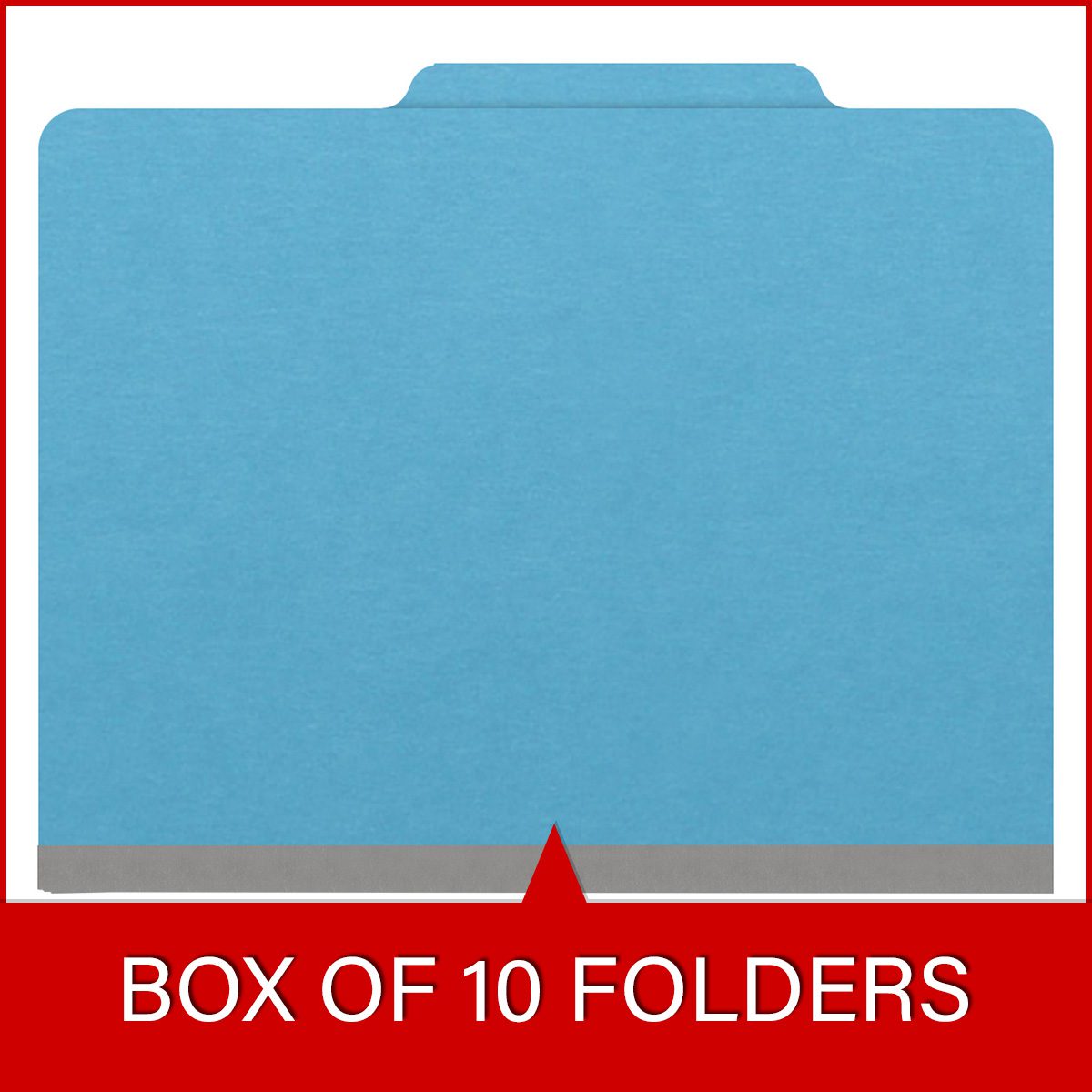 Blue letter size top tab classification folder with 2" gray tyvek expansion, with 2" bonded fasteners on inside front and inside back and 1" duo fastener on divider. 18 pt. paper stock and 17 pt brown kraft dividers. Packaged 10/50.