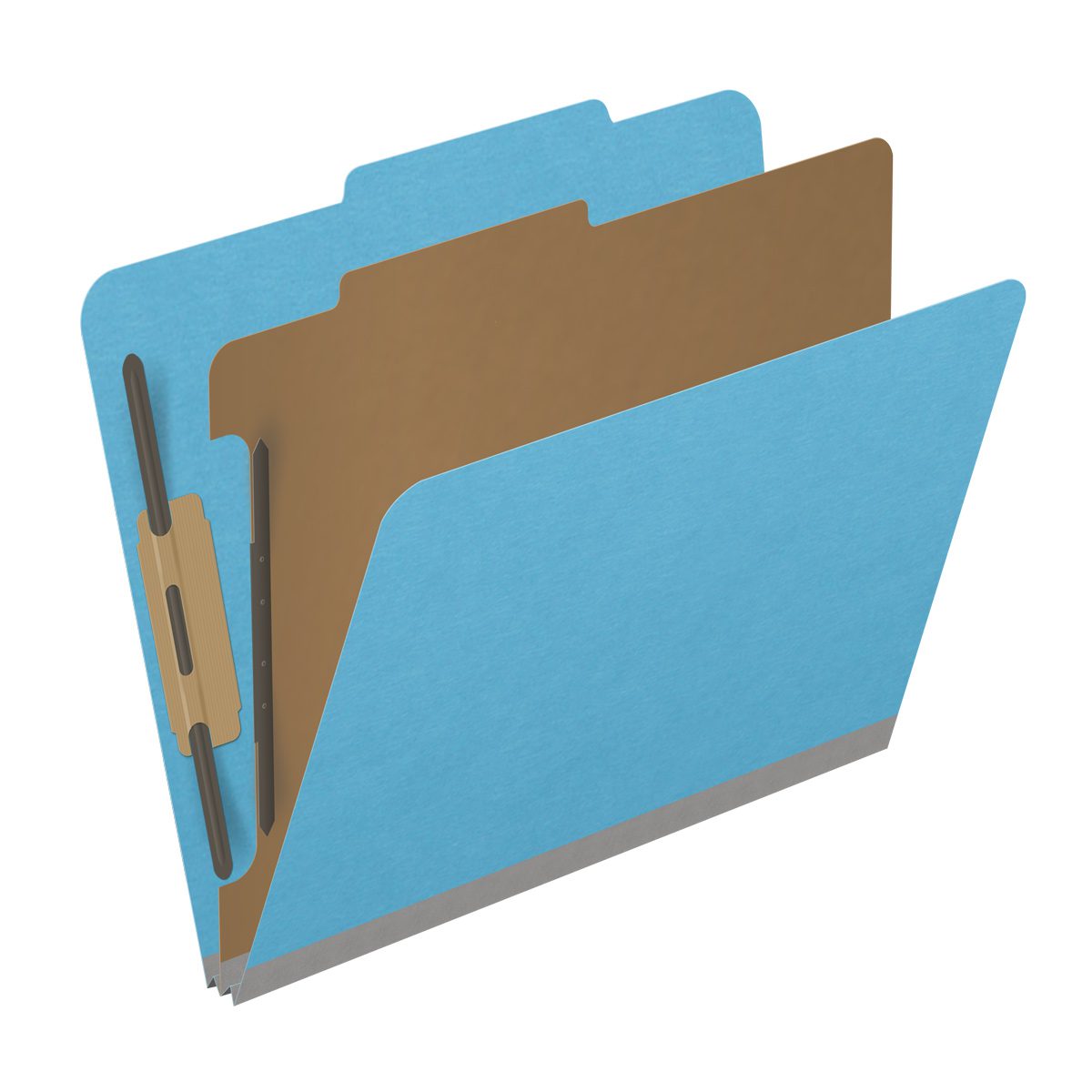 Blue letter size top tab classification folder with 2" gray tyvek expansion, with 2" bonded fasteners on inside front and inside back and 1" duo fastener on divider. 18 pt. paper stock and 17 pt brown kraft dividers. Packaged 10/50.