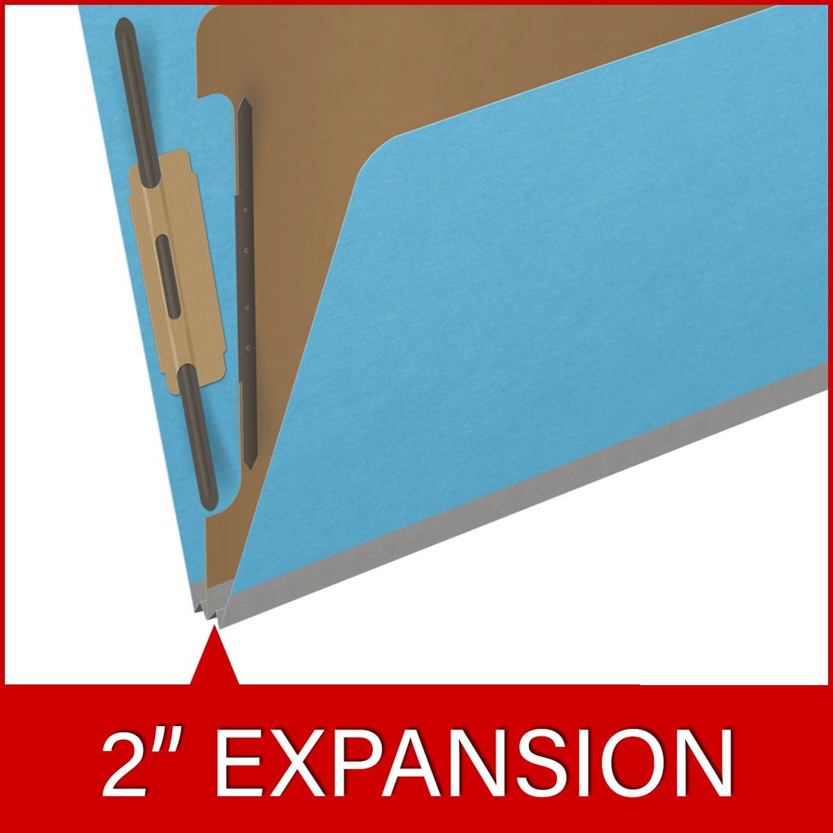 Blue letter size top tab classification folder with 2" gray tyvek expansion, with 2" bonded fasteners on inside front and inside back and 1" duo fastener on divider. 18 pt. paper stock and 17 pt brown kraft dividers. Packaged 10/50.