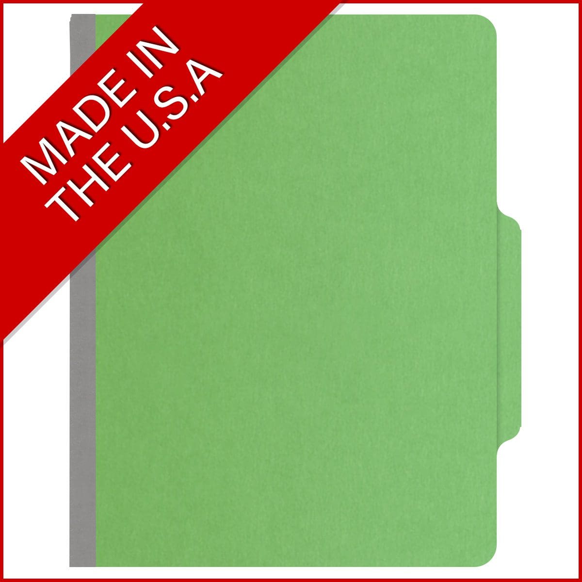 Green letter size top tab classification folder with 2" gray tyvek expansion, with 2" bonded fasteners on inside front and inside back and 1" duo fastener on divider. 18 pt. paper stock and 17 pt brown kraft dividers, 10/Box
