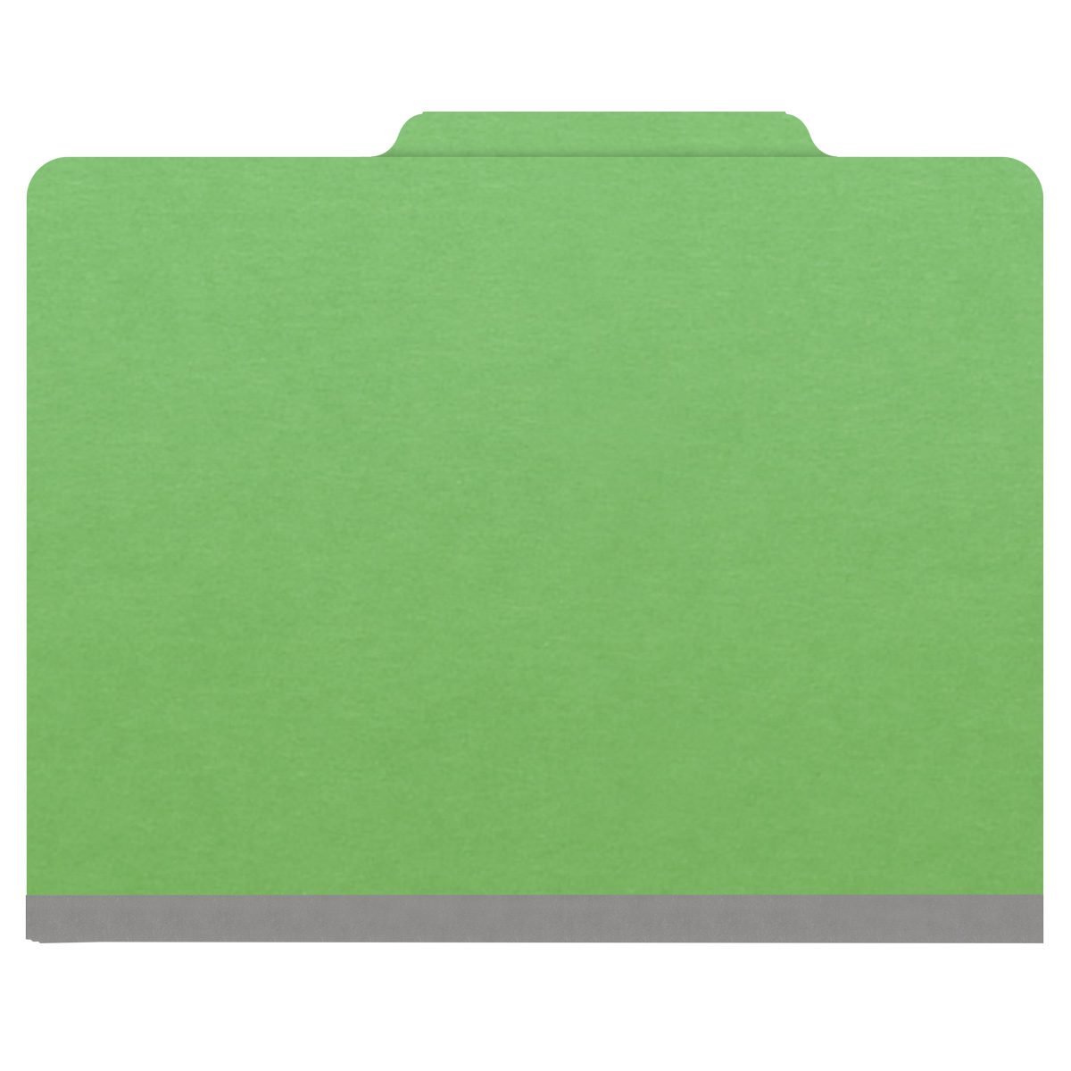 Green letter size top tab classification folder with 2" gray tyvek expansion, with 2" bonded fasteners on inside front and inside back and 1" duo fastener on divider. 18 pt. paper stock and 17 pt brown kraft dividers. Packaged 10/50.