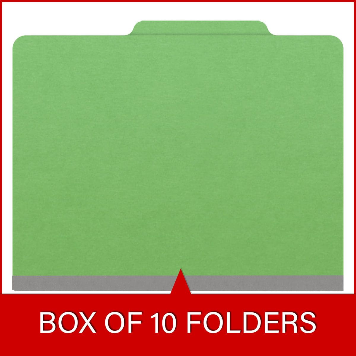 Green letter size top tab classification folder with 2" gray tyvek expansion, with 2" bonded fasteners on inside front and inside back and 1" duo fastener on divider. 18 pt. paper stock and 17 pt brown kraft dividers. Packaged 10/50.