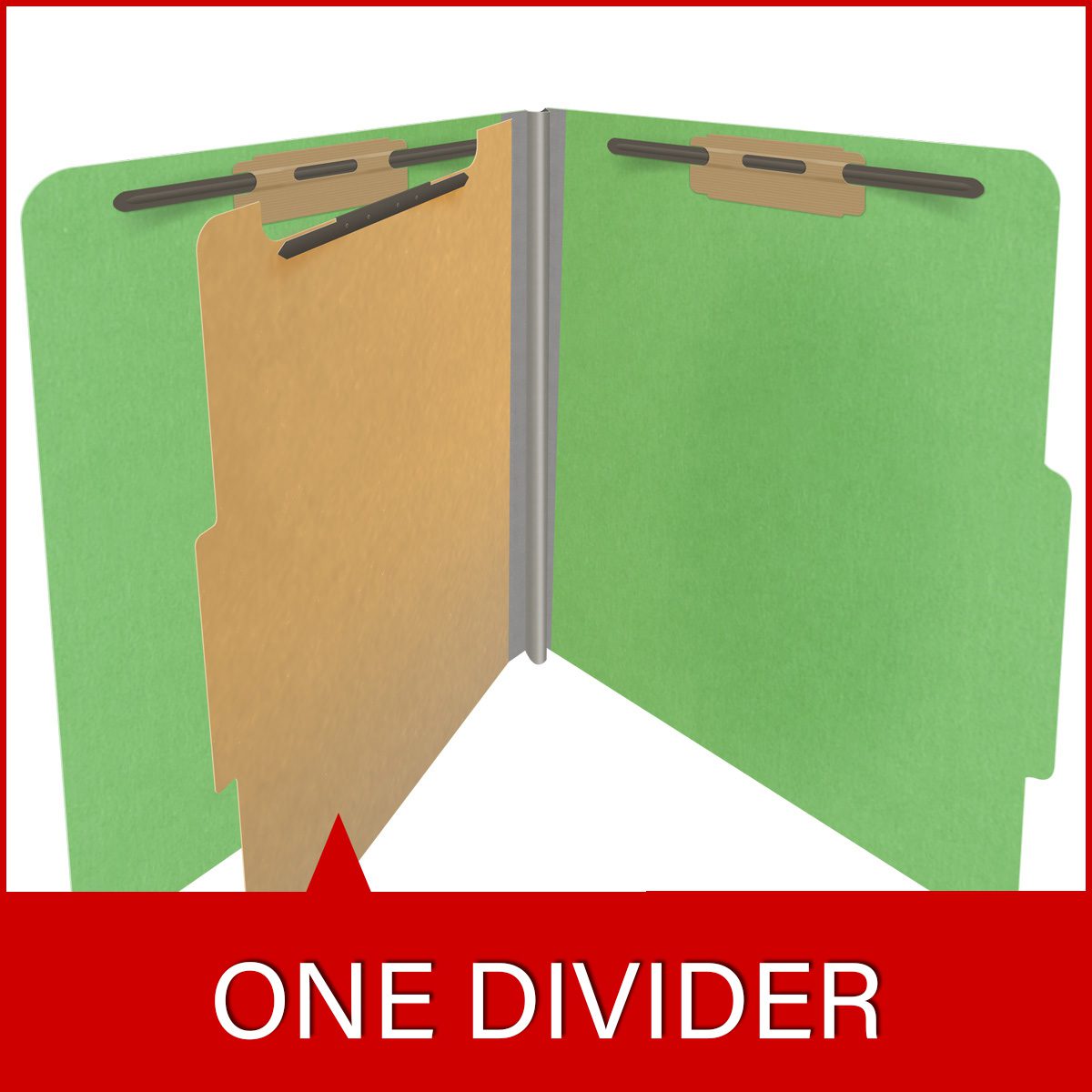 Green letter size top tab classification folder with 2" gray tyvek expansion, with 2" bonded fasteners on inside front and inside back and 1" duo fastener on divider. 18 pt. paper stock and 17 pt brown kraft dividers, 10/Box