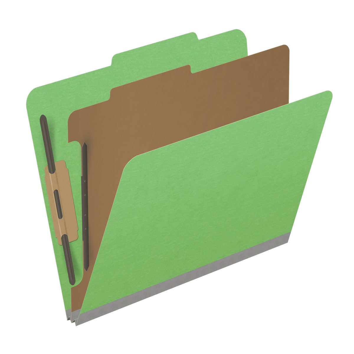Green letter size top tab classification folder with 2" gray tyvek expansion, with 2" bonded fasteners on inside front and inside back and 1" duo fastener on divider. 18 pt. paper stock and 17 pt brown kraft dividers. Packaged 10/50.