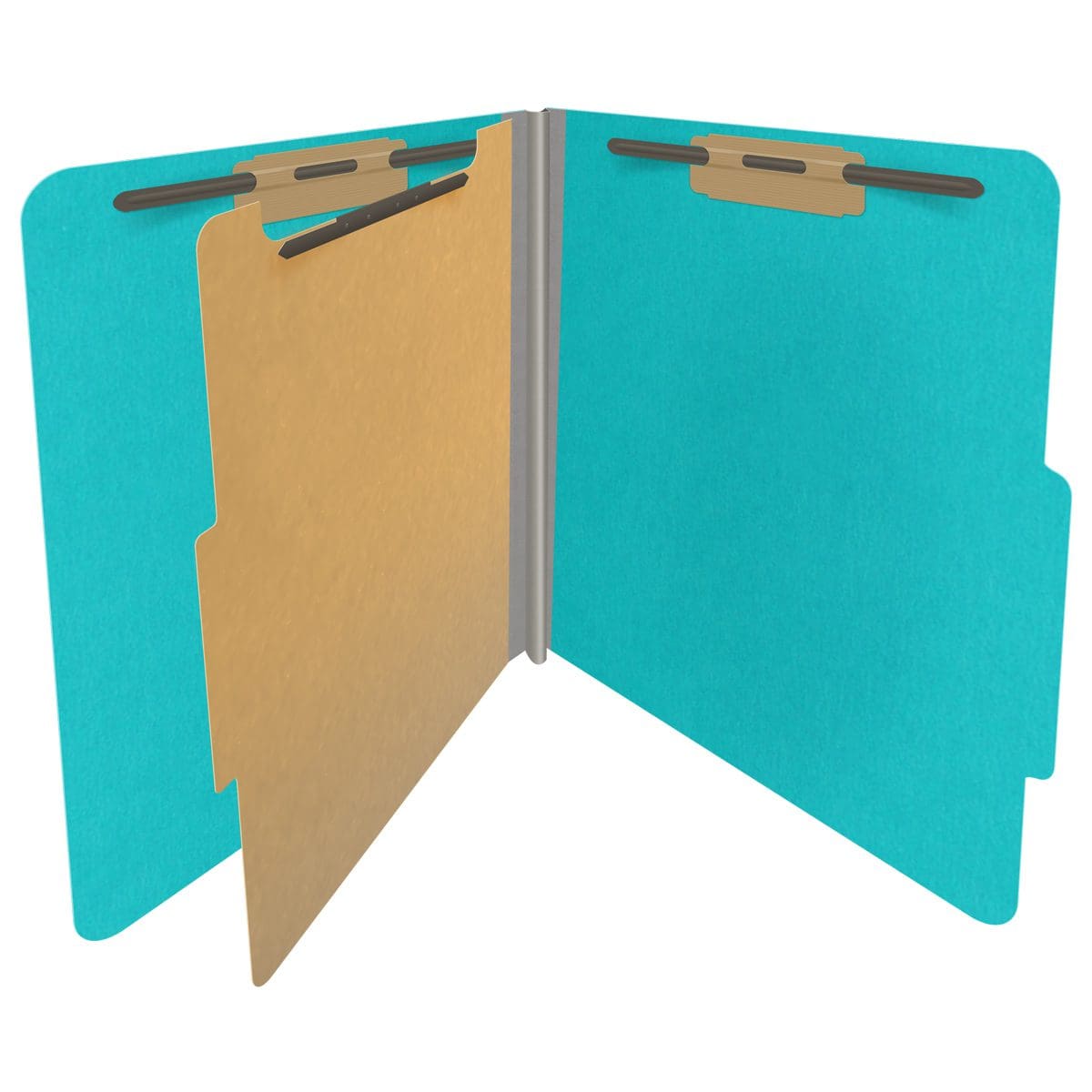 Light blue letter size top tab classification folder with 2" gray tyvek expansion, with 2" bonded fasteners on inside front and inside back and 1" duo fastener on divider. 18 pt. paper stock and 17 pt brown kraft dividers. Packaged 10/50.