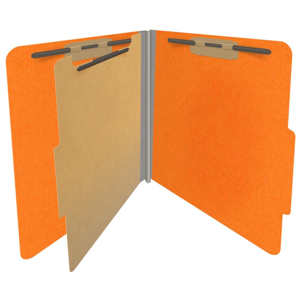 Orange letter size top tab classification folder with 2" gray tyvek expansion, with 2" bonded fasteners on inside front and inside back and 1" duo fastener on divider. 18 pt. paper stock and 17 pt brown kraft dividers. Packaged 10/50.