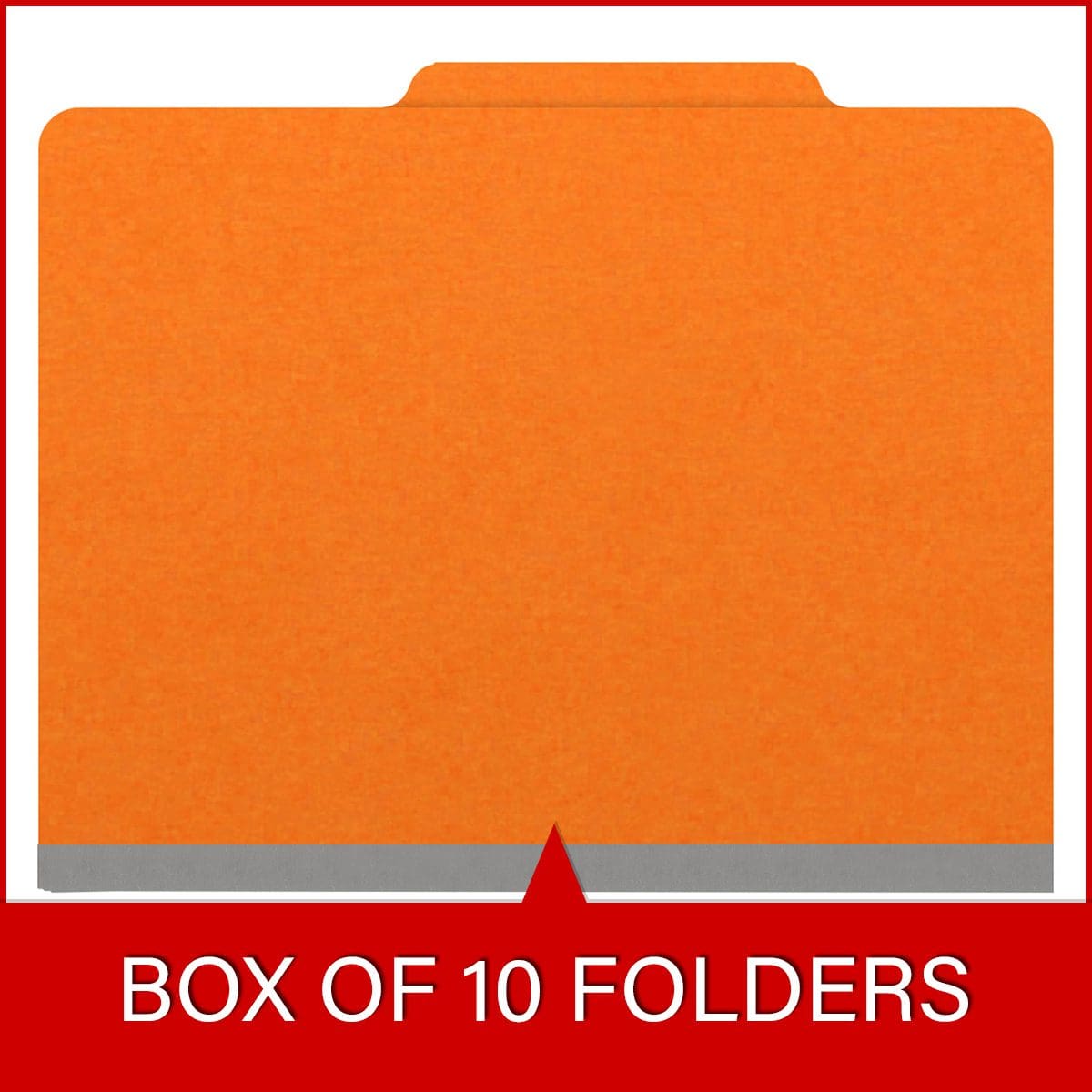 Orange letter size top tab classification folder with 2" gray tyvek expansion, with 2" bonded fasteners on inside front and inside back and 1" duo fastener on divider. 18 pt. paper stock and 17 pt brown kraft dividers. Packaged 10/50.