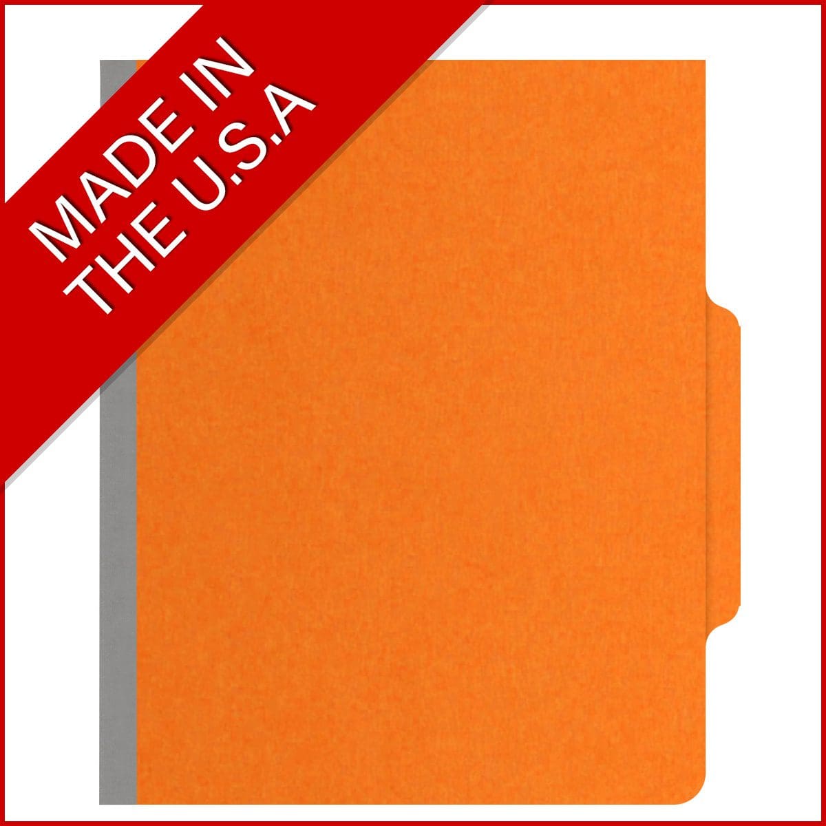 Orange letter size top tab classification folder with 2" gray tyvek expansion, with 2" bonded fasteners on inside front and inside back and 1" duo fastener on divider. 18 pt. paper stock and 17 pt brown kraft dividers. Packaged 10/50.