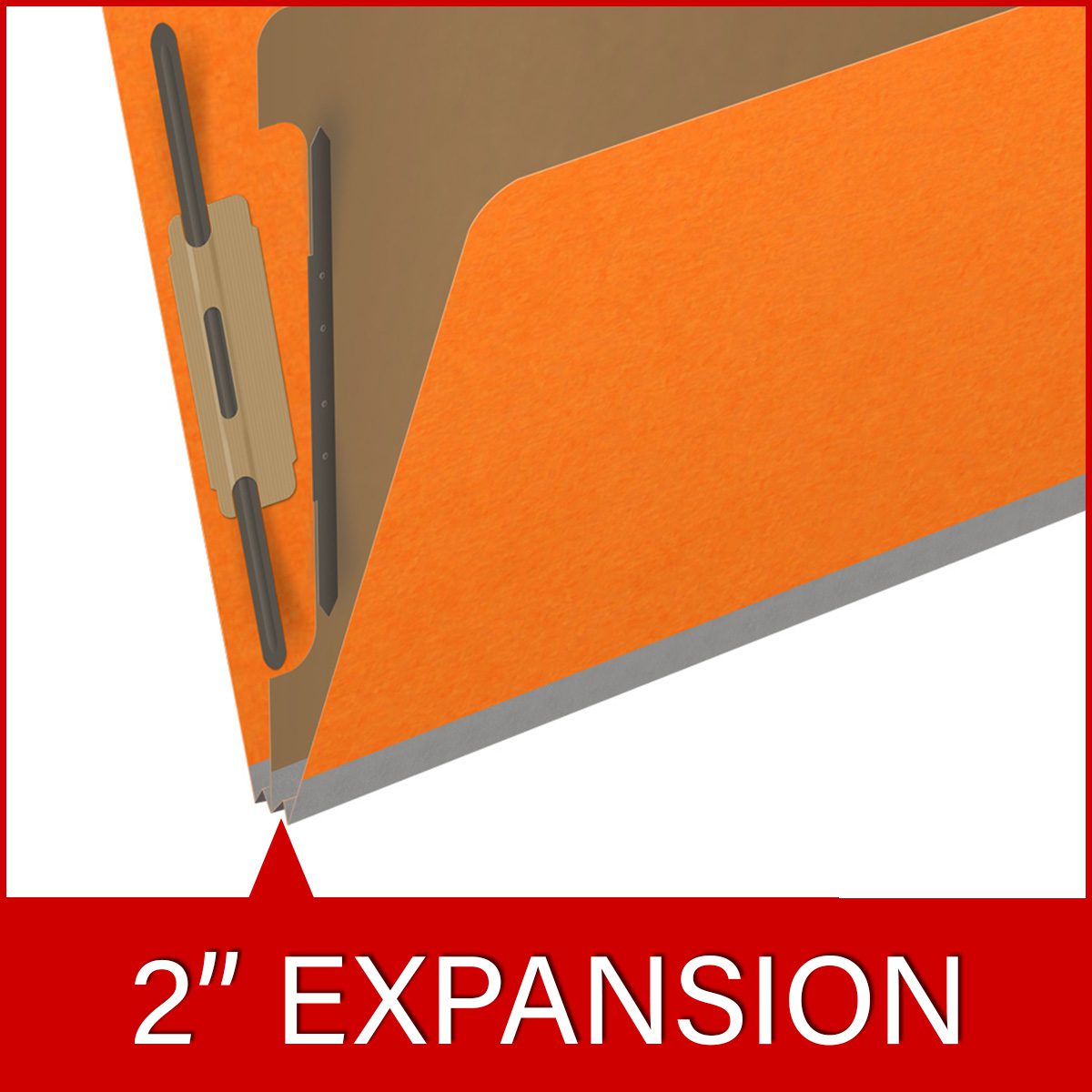 Orange letter size top tab classification folder with 2" gray tyvek expansion, with 2" bonded fasteners on inside front and inside back and 1" duo fastener on divider. 18 pt. paper stock and 17 pt brown kraft dividers, 10/Box