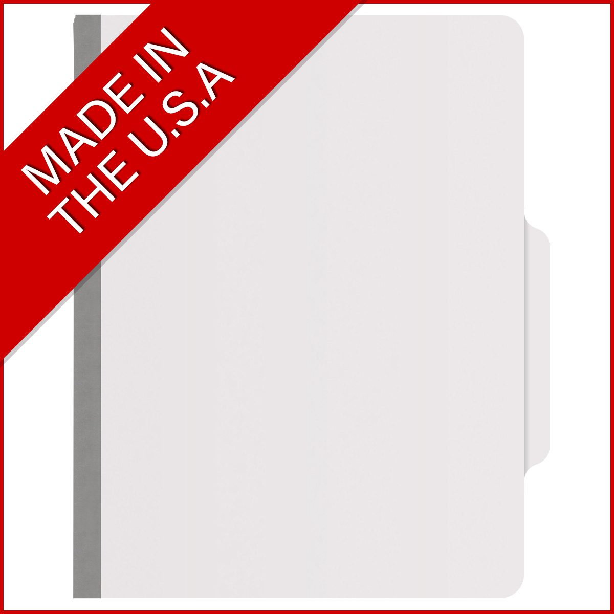 White letter size top tab classification folder with 2" gray tyvek expansion, with 2" bonded fasteners on inside front and inside back and 1" duo fastener on divider. 18 pt. paper stock and 17 pt brown kraft dividers. Packaged 10/50.