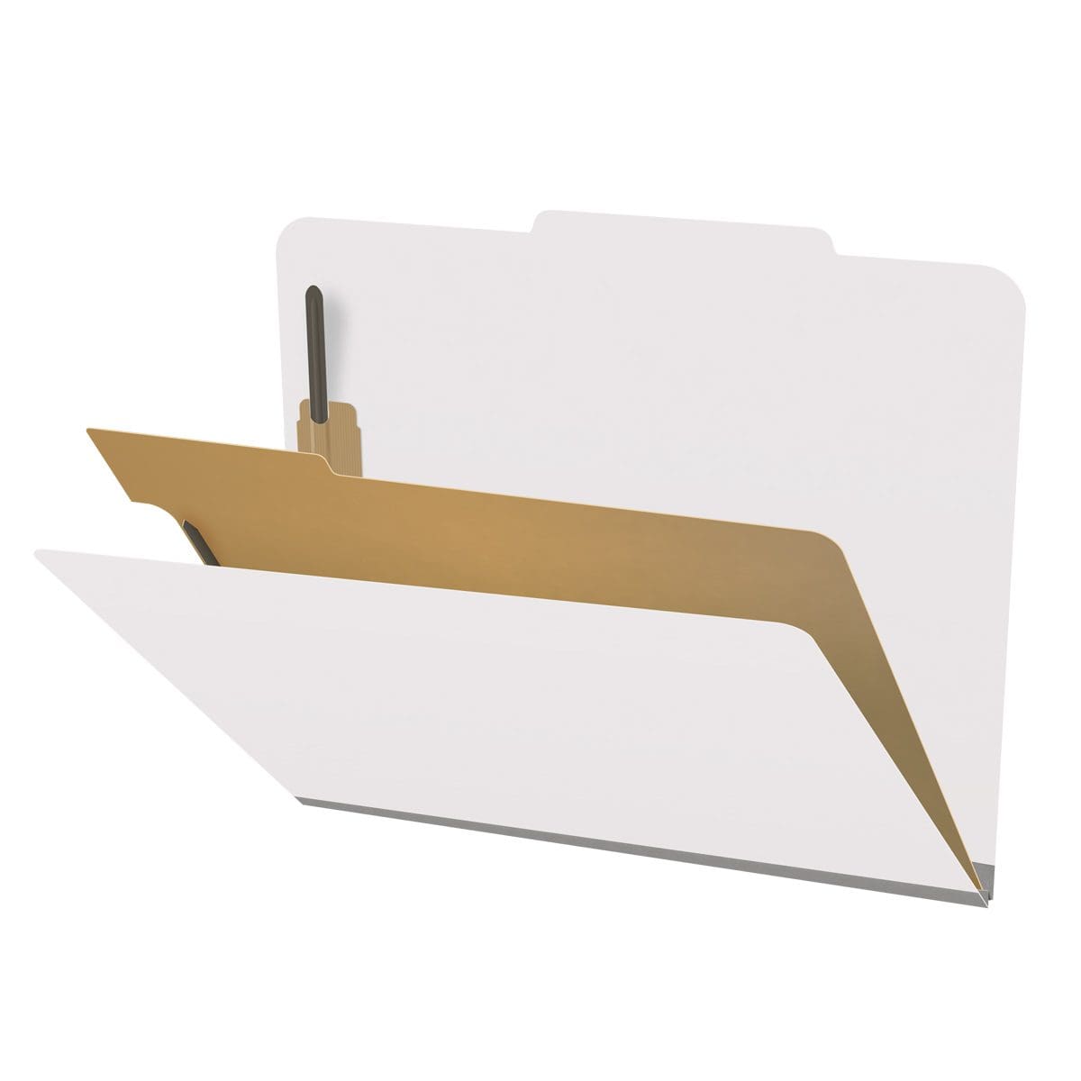 White letter size top tab classification folder with 2" gray tyvek expansion, with 2" bonded fasteners on inside front and inside back and 1" duo fastener on divider. 18 pt. paper stock and 17 pt brown kraft dividers. Packaged 10/50.