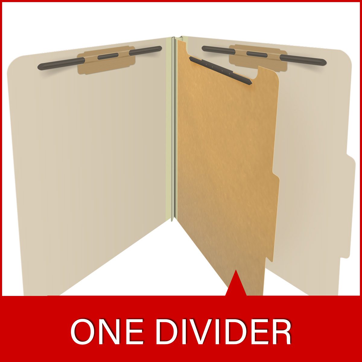 Manila letter size top tab one divider classification folder with 2" gray tyvek expansion, with 2" bonded fasteners on inside front and inside back and 1" duo fastener on divider. 18 pt manila stock. Packaged 10/50.