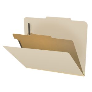 Manila letter size top tab one divider classification folder with 2" gray tyvek expansion, with 2" bonded fasteners on inside front and inside back and 1" duo fastener on divider. 18 pt manila stock, 10/Box