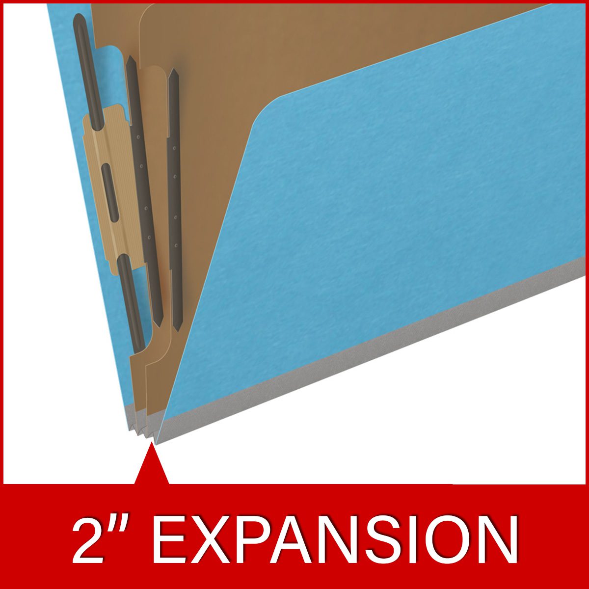 Blue letter size top tab classification folder with 2" gray tyvek expansion, with 2" bonded fasteners on inside front and inside back and 1" duo fastener on dividers. 18 pt. paper stock and 17 pt brown kraft dividers. Packaged 10/50.