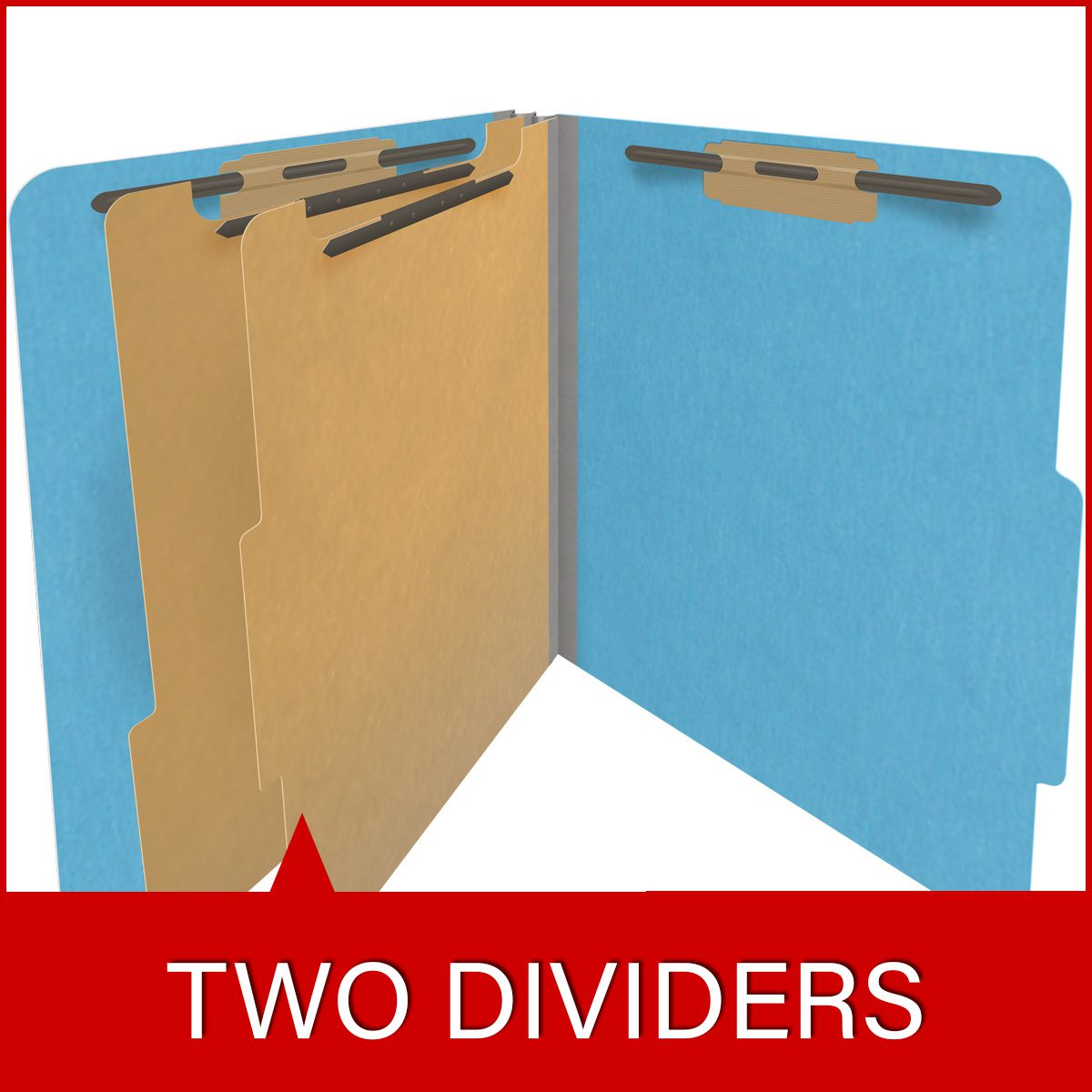 Blue letter size top tab classification folder with 2" gray tyvek expansion, with 2" bonded fasteners on inside front and inside back and 1" duo fastener on dividers. 18 pt. paper stock and 17 pt brown kraft dividers. Packaged 10/50.