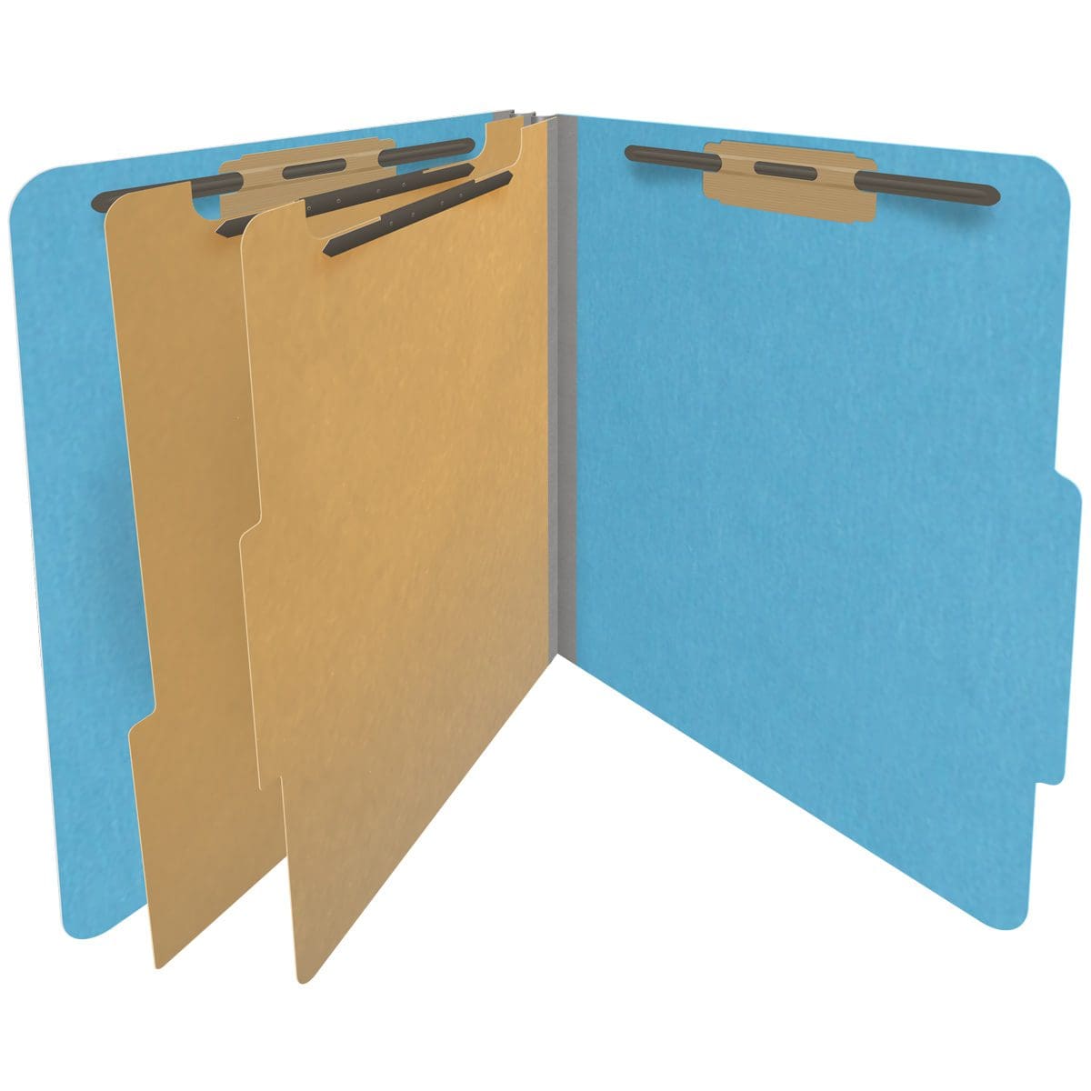 Blue letter size top tab classification folder with 2" gray tyvek expansion, with 2" bonded fasteners on inside front and inside back and 1" duo fastener on dividers. 18 pt. paper stock and 17 pt brown kraft dividers. Packaged 10/50.