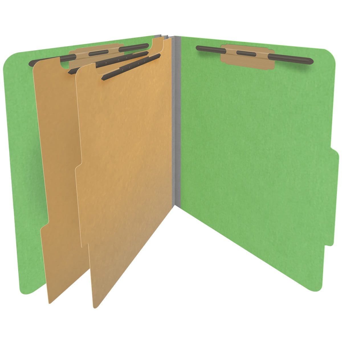 Green letter size top tab classification folder with 2" gray tyvek expansion, with 2" bonded fasteners on inside front and inside back and 1" duo fastener on dividers. 18 pt. paper stock and 17 pt brown kraft dividers. Packaged 10/50.
