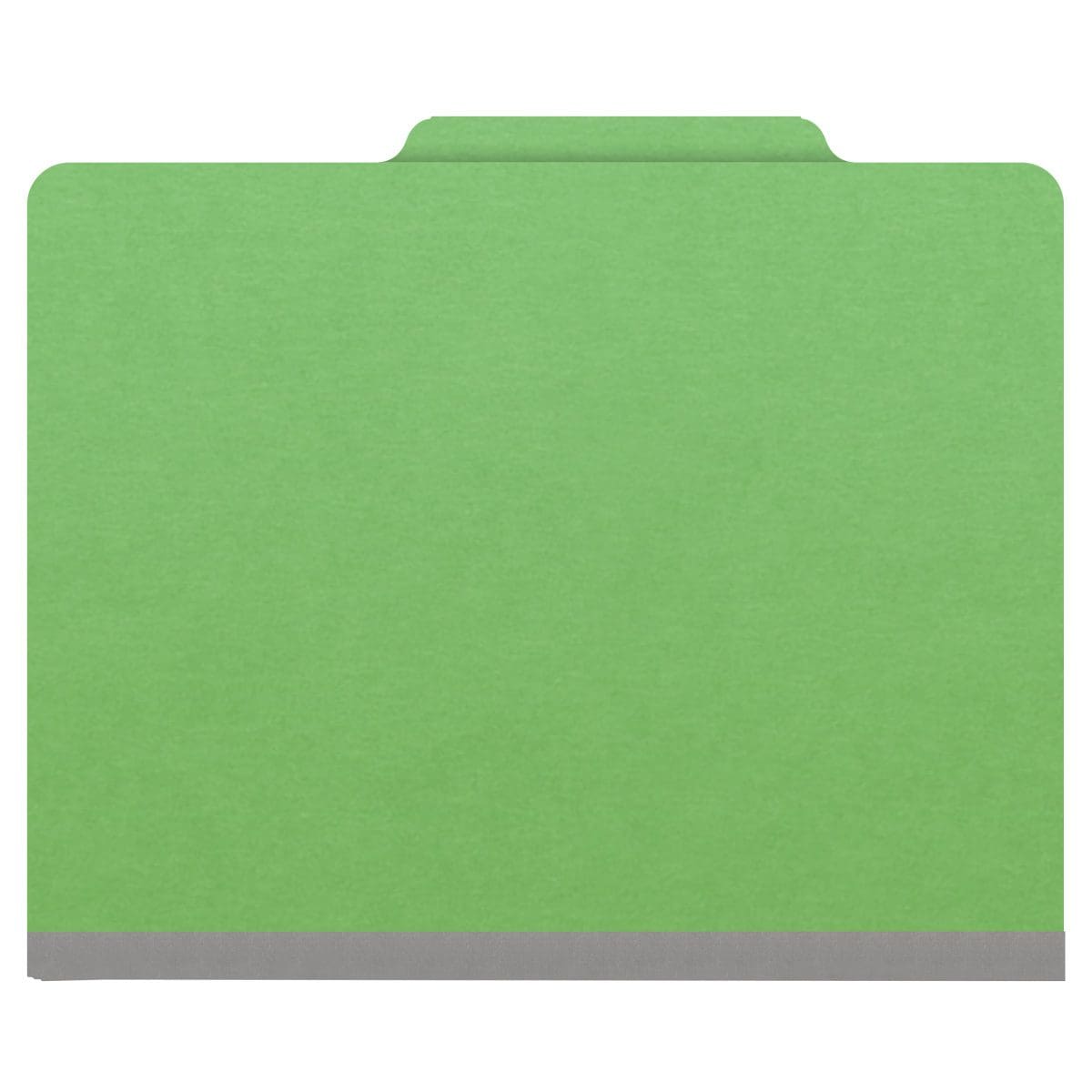 Green letter size top tab classification folder with 2" gray tyvek expansion, with 2" bonded fasteners on inside front and inside back and 1" duo fastener on dividers. 18 pt. paper stock and 17 pt brown kraft dividers. Packaged 10/50.