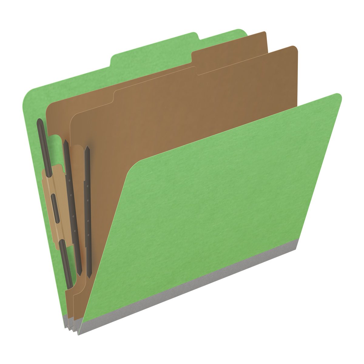 Green letter size top tab classification folder with 2" gray tyvek expansion, with 2" bonded fasteners on inside front and inside back and 1" duo fastener on dividers. 18 pt. paper stock and 17 pt brown kraft dividers, 10/Box