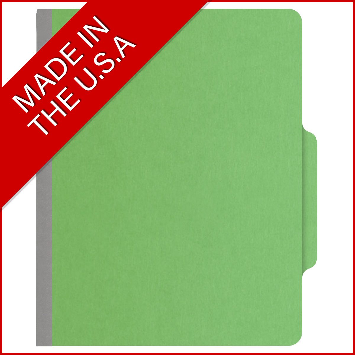 Green letter size top tab classification folder with 2" gray tyvek expansion, with 2" bonded fasteners on inside front and inside back and 1" duo fastener on dividers. 18 pt. paper stock and 17 pt brown kraft dividers, 10/Box