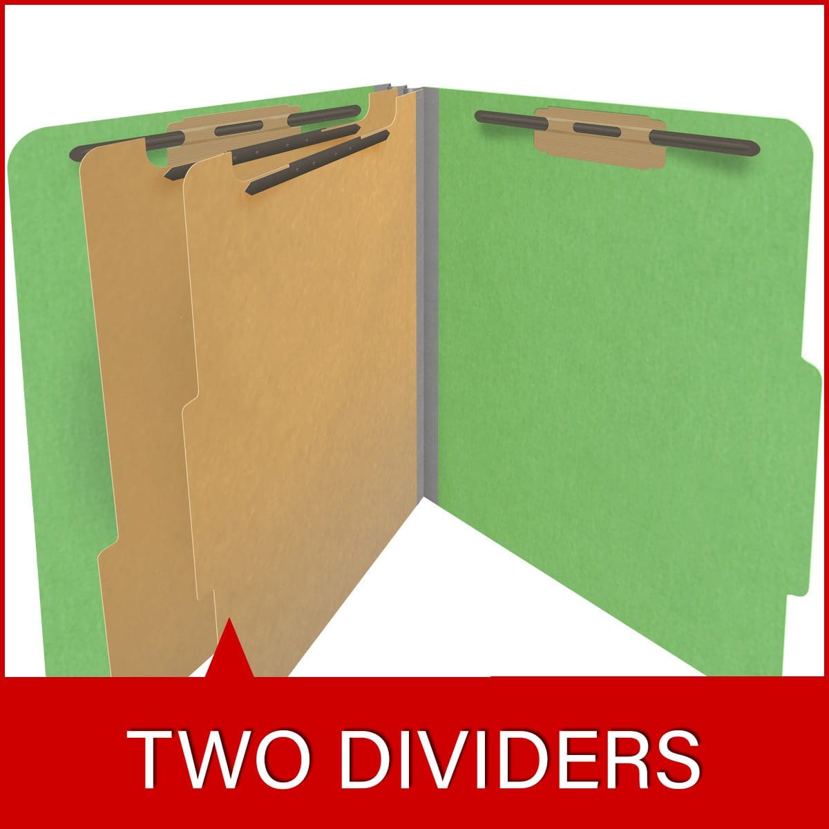 Green letter size top tab classification folder with 2" gray tyvek expansion, with 2" bonded fasteners on inside front and inside back and 1" duo fastener on dividers. 18 pt. paper stock and 17 pt brown kraft dividers, 10/Box