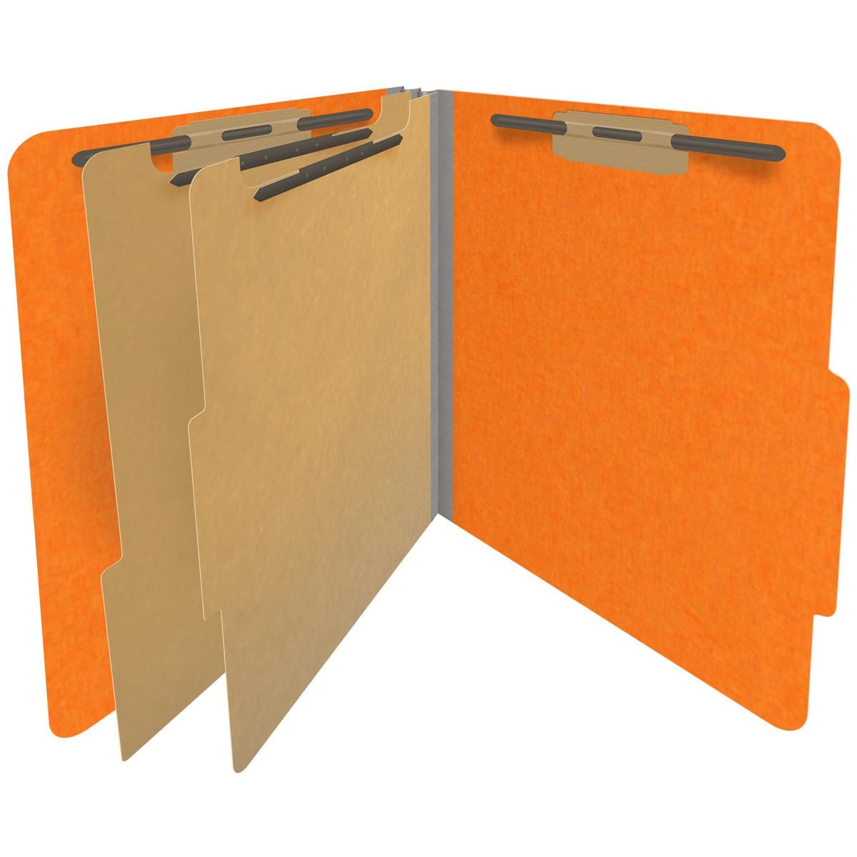 Orange letter size top tab classification folder with 2" gray tyvek expansion, with 2" bonded fasteners on inside front and inside back and 1" duo fastener on dividers. 18 pt. paper stock and 17 pt brown kraft dividers. Packaged 10/50.