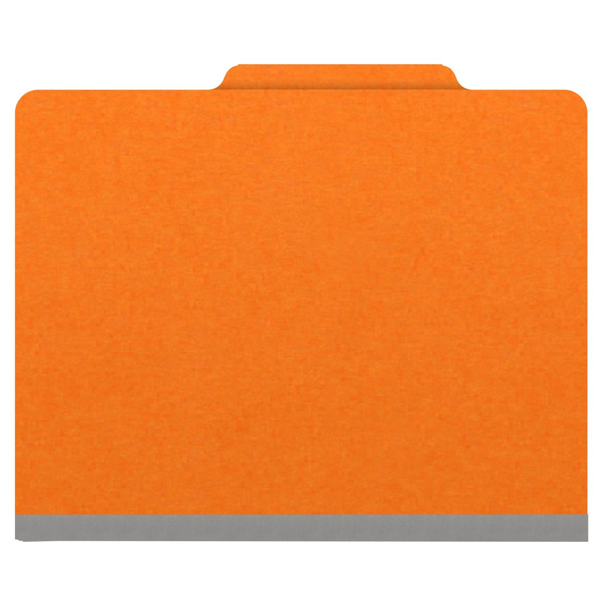 Orange letter size top tab classification folder with 2" gray tyvek expansion, with 2" bonded fasteners on inside front and inside back and 1" duo fastener on dividers. 18 pt. paper stock and 17 pt brown kraft dividers. Packaged 10/50.