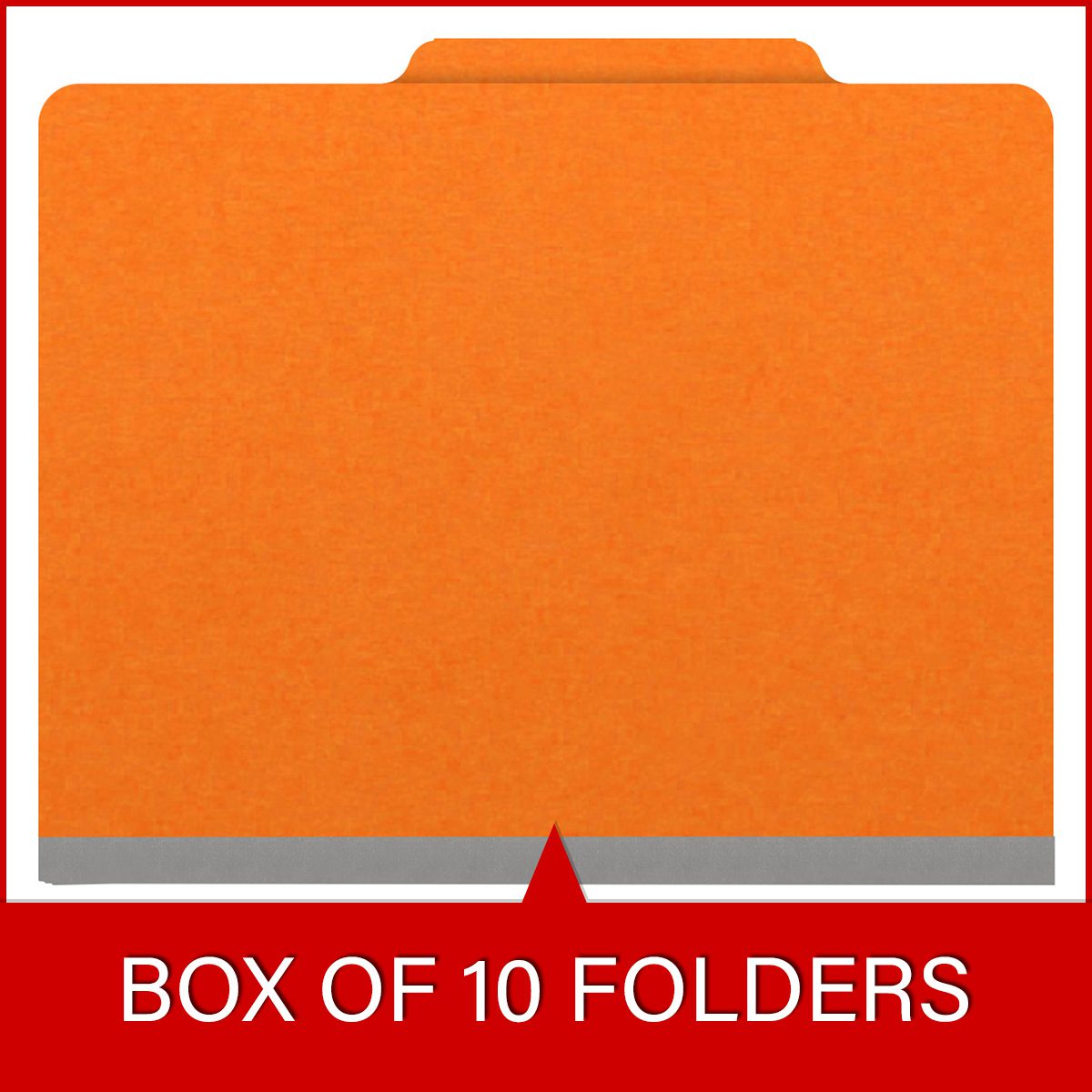 Orange letter size top tab classification folder with 2" gray tyvek expansion, with 2" bonded fasteners on inside front and inside back and 1" duo fastener on dividers. 18 pt. paper stock and 17 pt brown kraft dividers. Packaged 10/50.