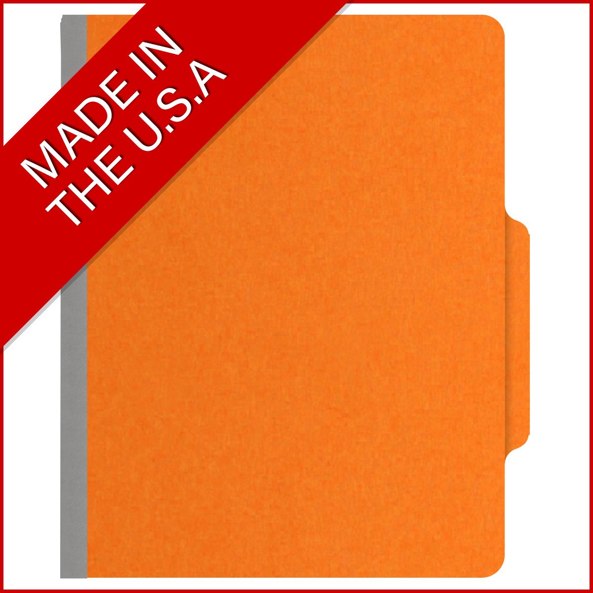 Orange letter size top tab classification folder with 2" gray tyvek expansion, with 2" bonded fasteners on inside front and inside back and 1" duo fastener on dividers. 18 pt. paper stock and 17 pt brown kraft dividers. Packaged 10/50.