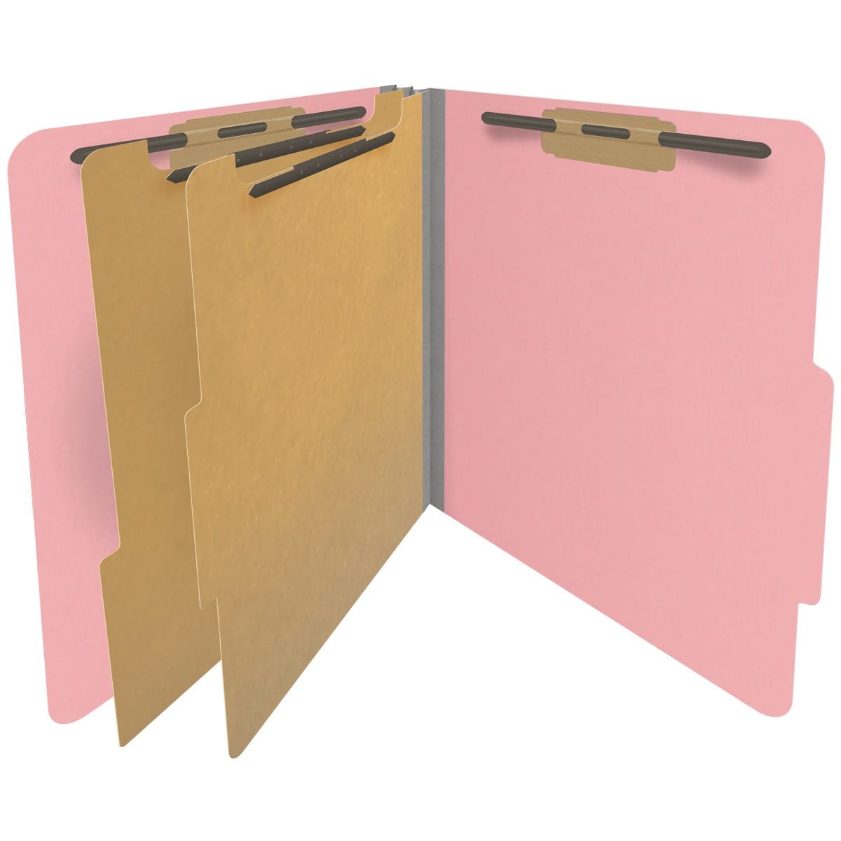 Pink letter size top tab classification folder with 2" gray tyvek expansion, with 2" bonded fasteners on inside front and inside back and 1" duo fastener on dividers. 18 pt. paper stock and 17 pt brown kraft dividers. Packaged 10/50.