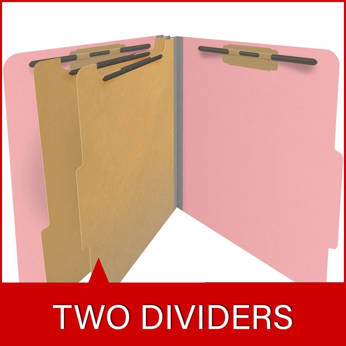 Pink letter size top tab classification folder with 2" gray tyvek expansion, with 2" bonded fasteners on inside front and inside back and 1" duo fastener on dividers. 18 pt. paper stock and 17 pt brown kraft dividers, 10/Box