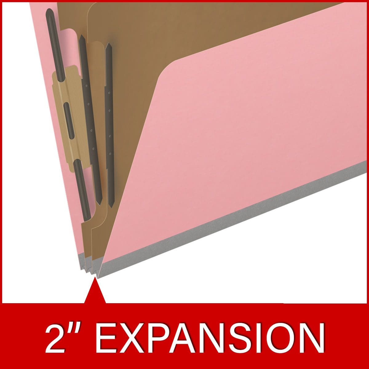 Pink letter size top tab classification folder with 2" gray tyvek expansion, with 2" bonded fasteners on inside front and inside back and 1" duo fastener on dividers. 18 pt. paper stock and 17 pt brown kraft dividers. Packaged 10/50.
