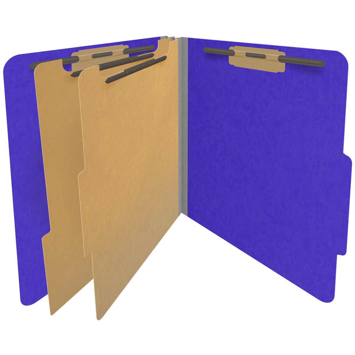 Purple letter size top tab classification folder with 2" gray tyvek expansion, with 2" bonded fasteners on inside front and inside back and 1" duo fastener on dividers. 18 pt. paper stock and 17 pt brown kraft dividers. Packaged 10/50.
