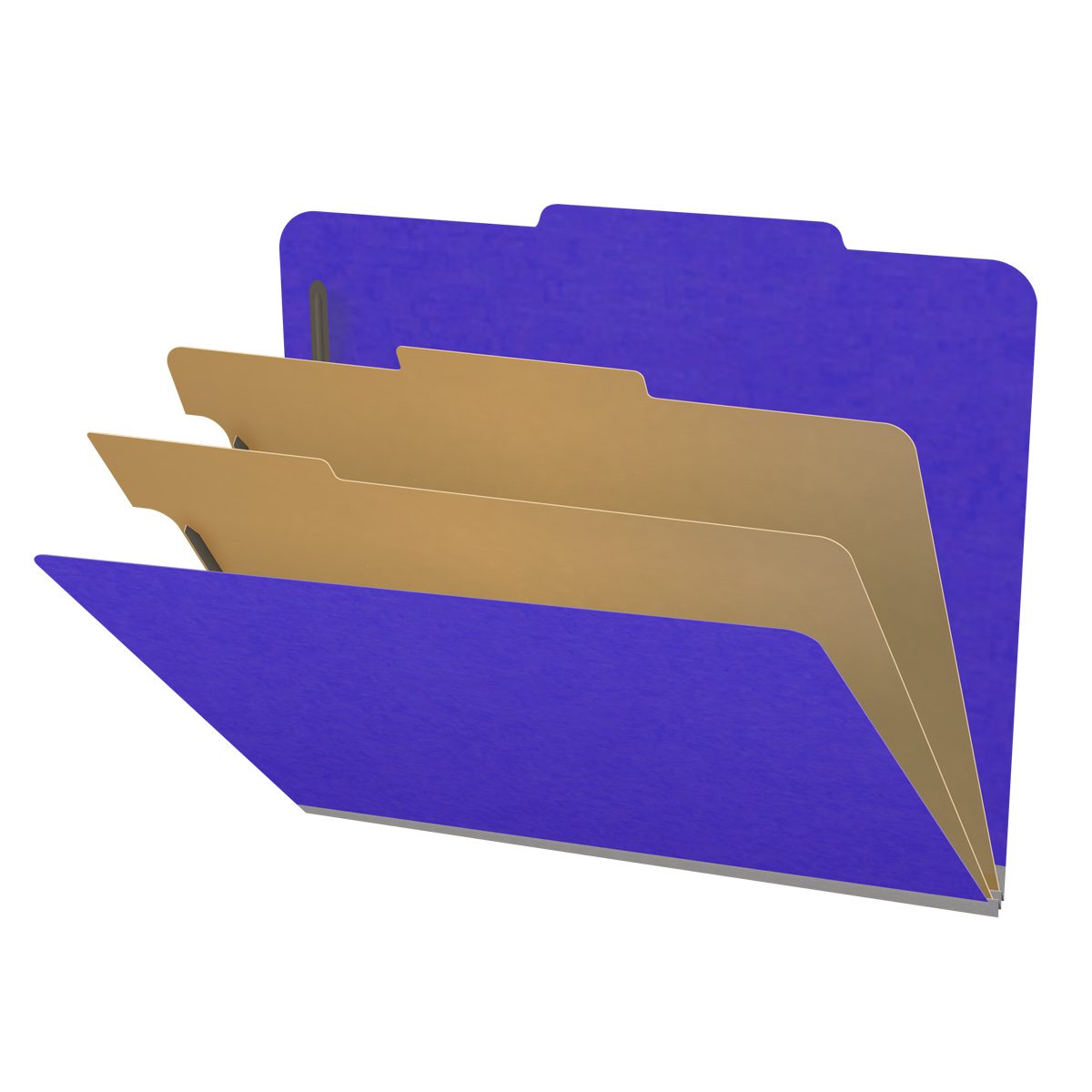 Purple letter size top tab classification folder with 2" gray tyvek expansion, with 2" bonded fasteners on inside front and inside back and 1" duo fastener on dividers. 18 pt. paper stock and 17 pt brown kraft dividers, 10/Box