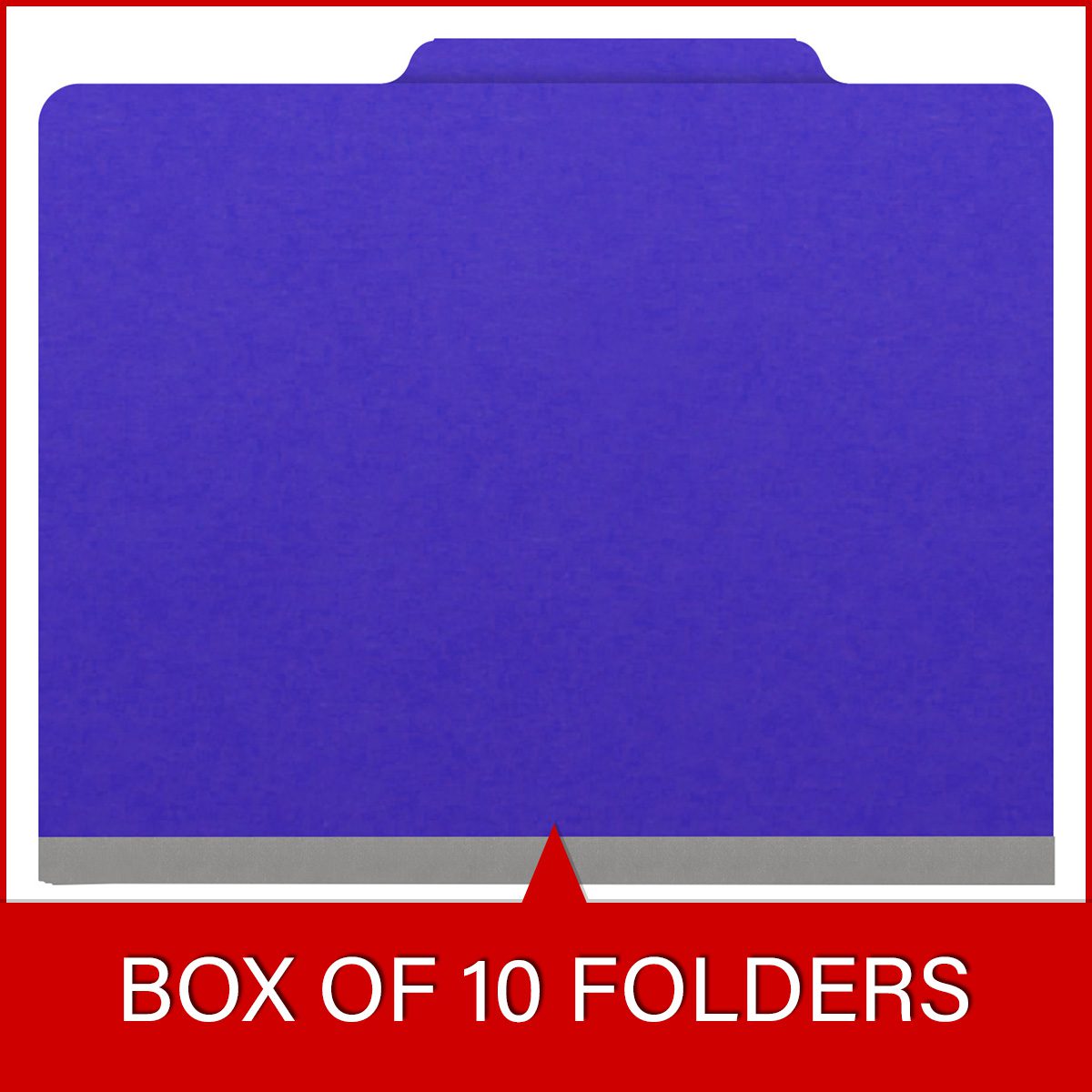 Purple letter size top tab classification folder with 2" gray tyvek expansion, with 2" bonded fasteners on inside front and inside back and 1" duo fastener on dividers. 18 pt. paper stock and 17 pt brown kraft dividers. Packaged 10/50.