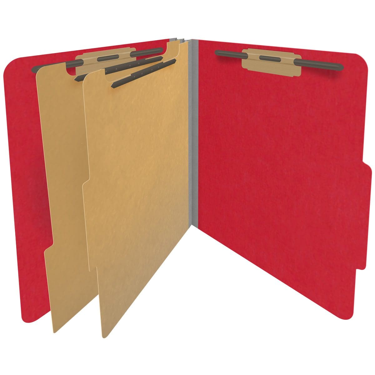 Red letter size top tab classification folder with 2" gray tyvek expansion, with 2" bonded fasteners on inside front and inside back and 1" duo fastener on dividers. 18 pt. paper stock and 17 pt brown kraft dividers. Packaged 10/50.