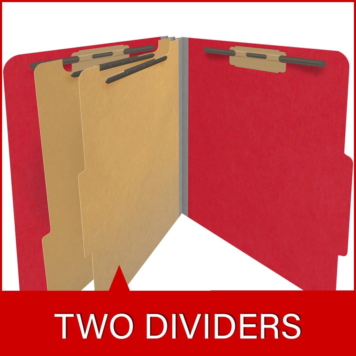 Red letter size top tab classification folder with 2" gray tyvek expansion, with 2" bonded fasteners on inside front and inside back and 1" duo fastener on dividers. 18 pt. paper stock and 17 pt brown kraft dividers. Packaged 10/50.