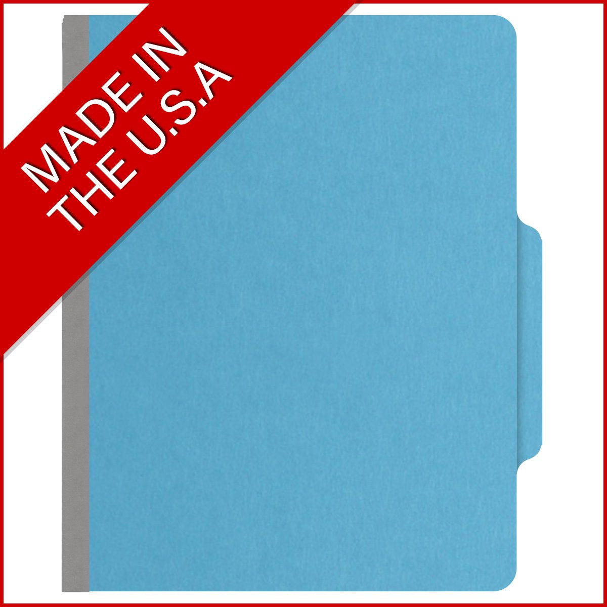 Blue letter size top tab classification folder with 3" gray tyvek expansion, with 2" bonded fasteners on inside front and inside back and 1" duo fastener on dividers. 18 pt. paper stock and 17 pt brown kraft dividers. Packaged 10/50.