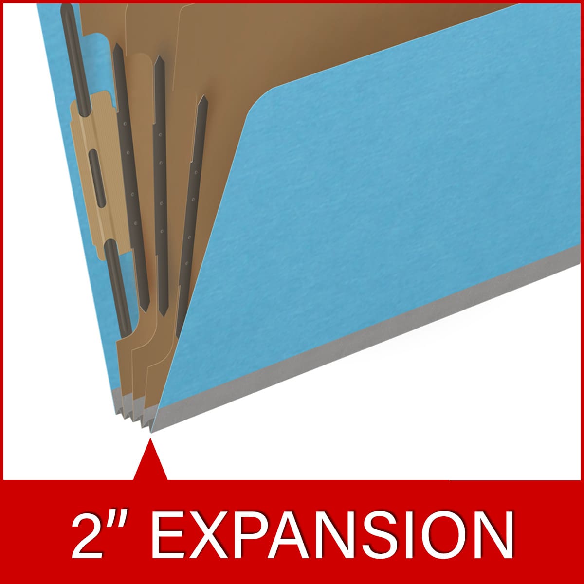 Blue letter size top tab classification folder with 3" gray tyvek expansion, with 2" bonded fasteners on inside front and inside back and 1" duo fastener on dividers. 18 pt. paper stock and 17 pt brown kraft dividers. Packaged 10/50.